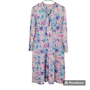 Vintage Three R's 70s Dress Pink Purple Abstract Floral Bow Tie Neck Maxi Size M